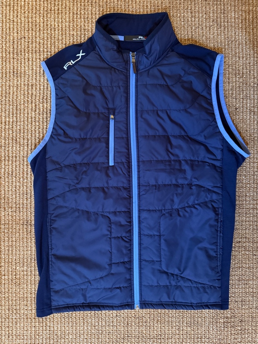RLX Ralph Lauren Navy Blue Quilted Large Vest with Light Blue Trim